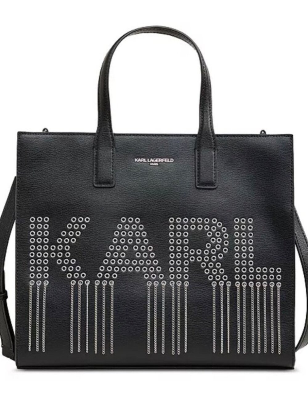 NWT Karl Lagerfeld Nouveau Black Leather Tote Silver Strap